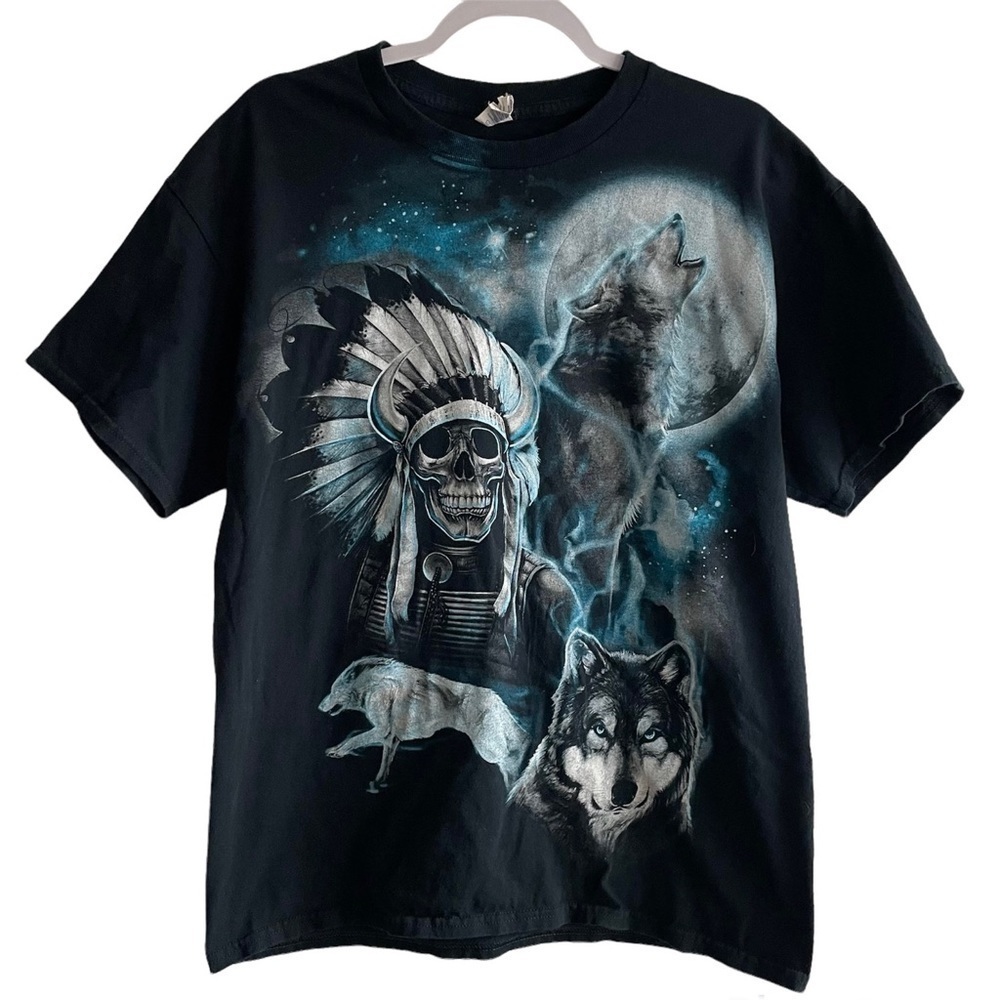 VTG Wolf Headdress Skull Art Shirt Black, Size L